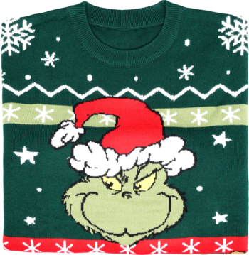Zielony sweter męski świąteczny Grinch z dużą grafiką Grincha w czapce Mikołaja i białymi śnieżynkami, złożony.