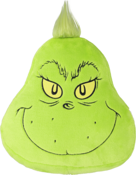 Grinch poduszka 3D, zielona pluszowa głowa z szerokim uśmiechem i kępką włosów, wymiary 27x27 cm.