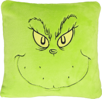 Zielona, miękka poduszka Grinch 30x30 cm z haftowaną twarzą, żółtymi oczami i groźnym wyrazem, widok z przodu.
