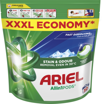 Zielona torba Ariel Allin1 PODS XXXL Economy, 50 kapsułek do prania, usuwa plamy w 30°C, widok z przodu.