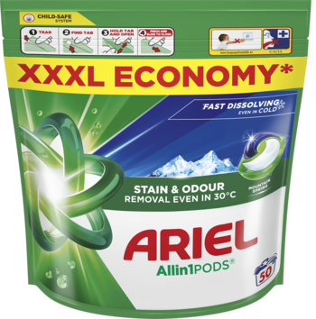 Zielona torba Ariel All-in-1 Pods Mountain Spring XXXL Economy, z zielonymi spiralami i lodem, 50 kapsułek.