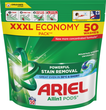 Zielone opakowanie kapsułek do prania Ariel Allin1 PODS Mountain Spring 50 prań, XXL, widok z przodu.