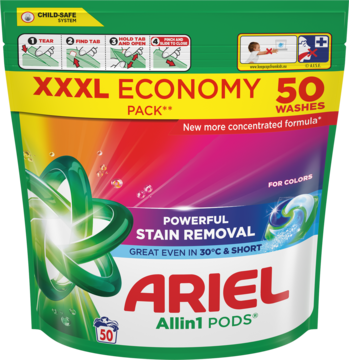 Zielona saszetka Ariel All-in-1 PODS Color 50 prań, XXL Economy, usuwa plamy w 30°C, widok z przodu.