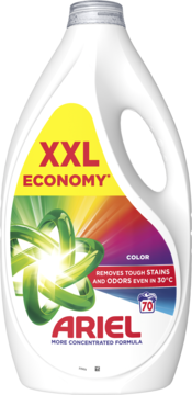 Ariel Color płyn do prania XXL Economy w białej butelce z kolorową etykietą, widok z przodu.