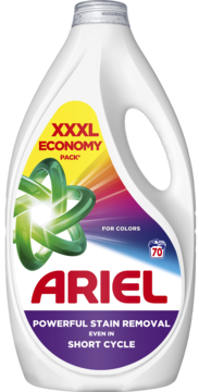 Biała butelka płynu do prania Ariel Color XXXL, etykieta dla kolorów, usuwanie plam, widok z przodu.