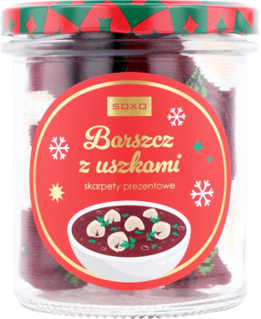 Skarpetki prezentowe "Barszcz z uszkami" SOXO w szklanym słoiku z czerwoną etykietą, widok z przodu.