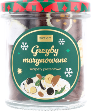 Szklany słoik SOXO z brązowymi skarpetkami prezentowymi Grzyby marynowane, zielona etykieta, widok z przodu.