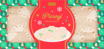 Front świątecznego opakowania pierogów z widocznym przezroczystym okienkiem i czerwoną etykietą z napisem 'Pierogi'.