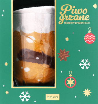 Skarpetki prezentowe SOXO Piwo grzane w zielonym pudełku z oknem, imitujące kufel piwa, świąteczne detale.