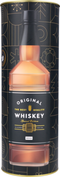 Whisky "Original" w czarnej puszce prezentowej ze złotymi świątecznymi wzorami. Widoczna butelka premium w środku.