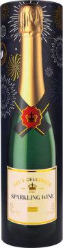 Butelka zielonego wina musującego w ciemnej tubie z fajerwerkami, widoczna złota folia i etykieta Let's Celebrate.