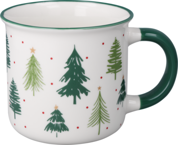 Biały kubek świąteczny ceramiczny z zielonymi choinkami, czerwonymi kropkami i złotymi gwiazdkami, zielone ucho, widok z boku.