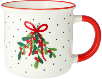 Biały ceramiczny kubek świąteczny z czerwoną rączką i jemiołą, ozdobiony czarnymi kropkami.