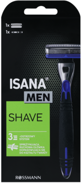 Isana Men Shave maszynka do golenia z 3 ostrzami i ruchomą główką, niebiesko-czarna, w czarnym opakowaniu. Widok z przodu.