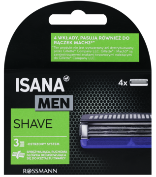 Isana Men Shave 4 wkłady, 3-ostrzowy system, kompatybilne z Mach3, widok z przodu opakowania.