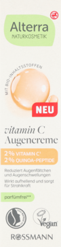 Alterra Vitamin C Augencreme 2% z peptydami, beżowo-zielone opakowanie z pomarańczową kroplą, widok przód.