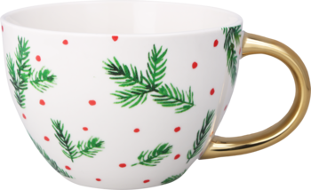 Biały kubek ceramiczny ze świątecznym wzorem zielonych gałązek i czerwonych kropek, złoty uchwyt, widok z boku.