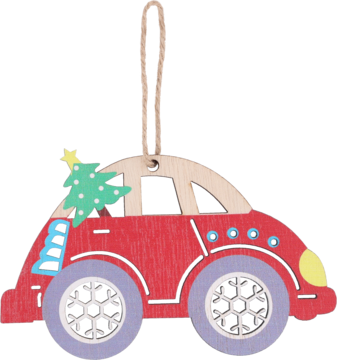 Drewniana zawieszka świąteczna w kształcie czerwonego samochodu z choinką na dachu, widok z przodu.