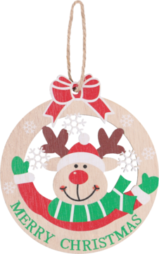 Okrągła drewniana bombka świąteczna z reniferem w czapce Mikołaja i napisem "Merry Christmas", widok z przodu.