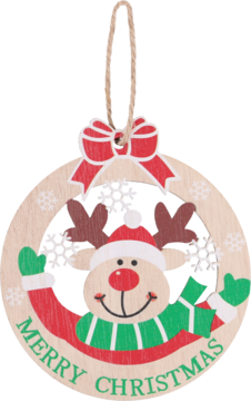 Okrągła drewniana bombka świąteczna z reniferem w czapce Mikołaja i napisem "Merry Christmas", widok z przodu.
