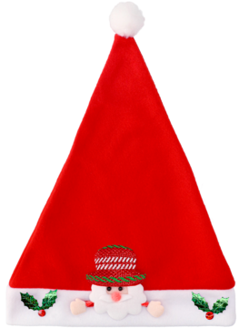 Czerwona świąteczna czapka Mikołaja z białym pomponem i opaską, zdobiona wesołą figurką Mikołaja i liśćmi ostrokrzewu.