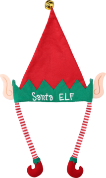 Czerwono-zielona czapka elfa 'Santa ELF' z dzwonkiem, uszami i pasiastymi nogami z bucikami.