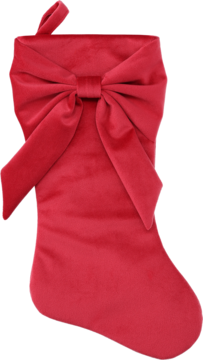 Elegancka czerwona skarpeta świąteczna z miękkiego aksamitu, ozdobiona dużą, satynową kokardą przy mankiecie. Widok z przodu.