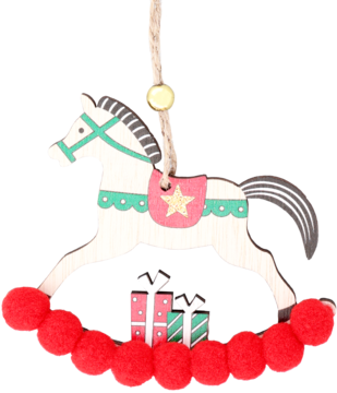 Biały drewniany konik na biegunach, ozdoba choinkowa z zielonymi detalami, różowym siodłem i czerwonymi pomponami.