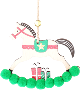 Drewniana ozdoba świąteczna: biały konik na biegunach z różowymi detalami, zielonym siodłem, złotą gwiazdą i zielonymi pomponami.