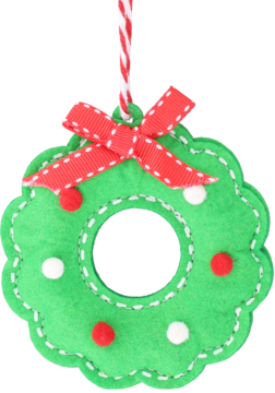 Filcowy zielony wieniec na Boże Narodzenie z czerwoną kokardą w białe kropki, zawieszony na biało-czerwony sznurek.