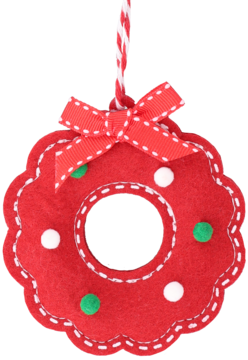 Czerwona filcowa ozdoba, wieniec z falowanym brzegiem, białym szwem, czerwoną kokardą i kolorowymi kropkami.