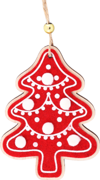 Drewniana czerwona zawieszka choinkowa w kształcie drzewka z białymi kropkami i girlandami, widok z przodu.