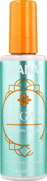 Isana Argan balsam do rąk w turkusowej butelce z pomarańczową nakrętką, widok z przodu, zawiera olej arganowy.