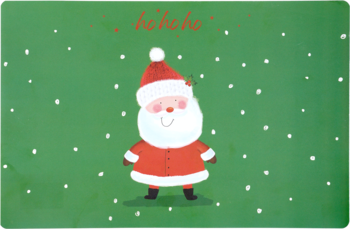 Kartka świąteczna z wesołym Mikołajem w czerwonym stroju, białym zarostem, na zielonym tle ze śnieżynkami i napisem hohoho.