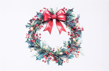 Wieniec bożonarodzeniowy z zielonych liści ostrokrzewu, czerwonych jagód, złotych akcentów i dużej czerwonej kokardy.