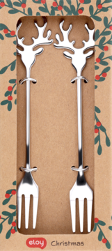 Srebrne widelczyki z uchwytami w kształcie rogów renifera, w świątecznym kartoniku z grafiką ostrokrzewu.