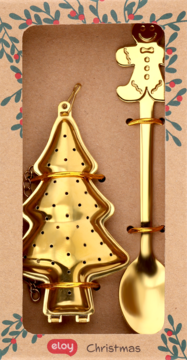 Złoty zaparzacz w kształcie choinki i łyżeczka z piernikiem Eloy Christmas w ozdobnym opakowaniu. Widok z przodu.