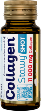 Bursztynowa buteleczka Olimp Collagen Stawy Shot 25ml, 11000 mg kolagenu o smaku czarnej porzeczki. Widok przód.
