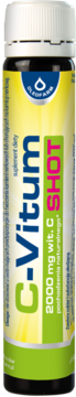C-Vitum SHOT, suplement witaminy C 2000 mg w płynnej formie. Mała butelka z żółto-zieloną etykietą, widok z przodu.