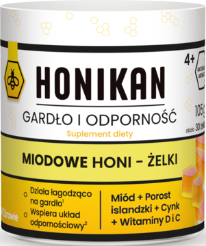 Biały słoik Honikan Miodowe Honi-Żelki, suplement diety na gardło i odporność, z żółto-czarną etykietą, widok z przodu.