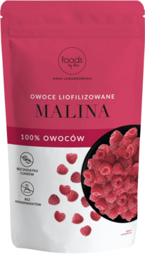 Różowo-biała torebka Foods By Ann, Maliny liofilizowane. Widok z przodu, z miską malin i tekstem 100% owoców.