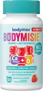 Biała butelka Bodymax Bodymisie, 50 truskawkowych żelków z wapniem i witaminą D3. Tealowa zakrętka, czerwone misie, bez cukru. Widok z przodu.