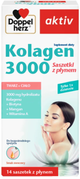 Białe opakowanie Doppelherz Kolagen 3000 z płynem, 14 saszetek, z kolagenem i biotyną dla skóry. Widok z przodu.