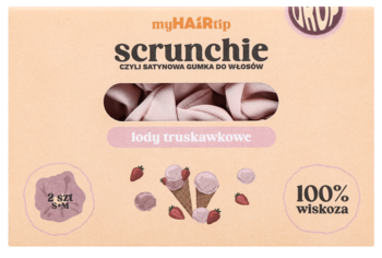 Dwie różowe scrunchie myHAIRtip, wiskozowe, w opakowaniu z motywem lodów truskawkowych, widok z przodu.