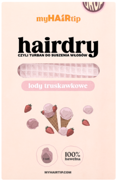 Opakowanie: Różowy turban MyHairTip z waflowej bawełny do suszenia włosów. Grafika lodów truskawkowych.
