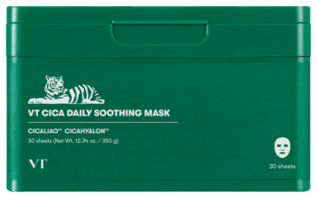 Szmaragdowe pudełko VT Cica Daily Soothing Mask, 30 kojących masek w płachcie, z białym tygrysem, widok z przodu.