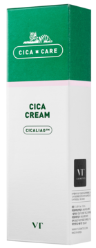 VT Cica Cream, koreański krem do twarzy z CICA i propolisem. Biało-zielone pudełko, widok z przodu, logo tygrysa.