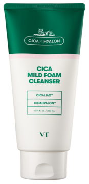 VT Cica Mild Foam Cleanser, biała tuba z zieloną nakrętką, widok z przodu, z formułą CICALIAO™ i CICAHYALON™.