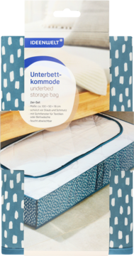 IDEENWELT underbed storage bag, petrol z białymi kropkami, częściowo wsunięta pod łóżko, z przezroczystą pokrywą.