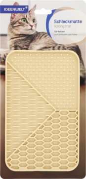 Beżowa mata do lizania dla kota z trzema różnymi teksturami, na opakowaniu z kotem i napisem Schleckmatte.
